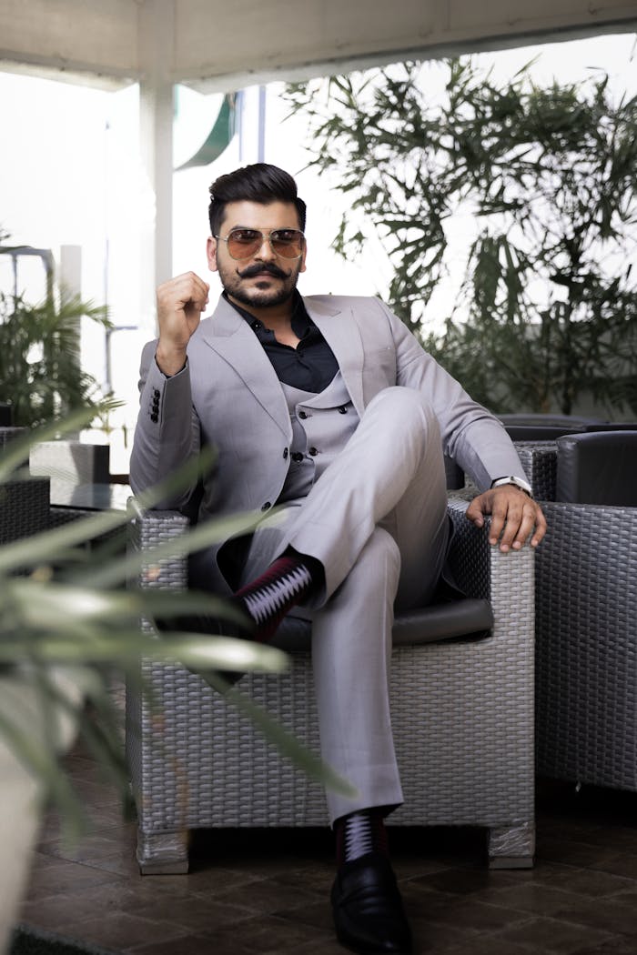 gallery-6 Businessman in gray suit with sunglasses sitting confidently indoors. Modern and stylish look.