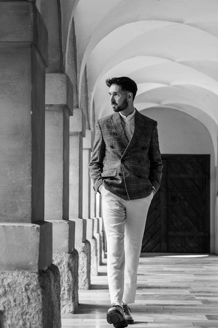 gallery-1 Elegant man in classic attire strolls through arched hallway in black and white.