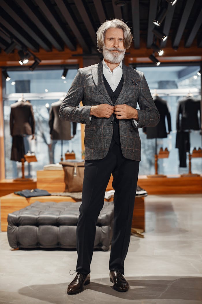 Stylish senior man in a suit, browsing in a modern clothing store.