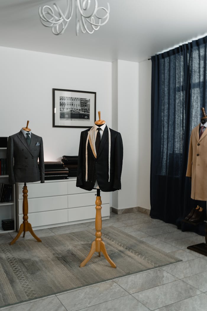services-01 Tailored men's suits on mannequins in a stylish fashion studio setting.
